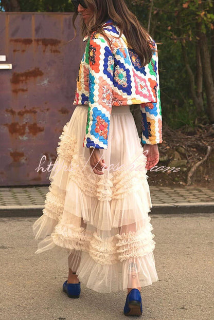 Mood Tulle Pleated Ruffle Elastic Waist Tiered Midi Skirt