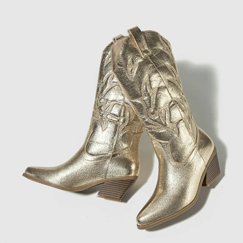 Liyke Embroidered Western Cowboy Boots Leather Golden Silver Pointed Toe Low Heel Mid-calf Shoes