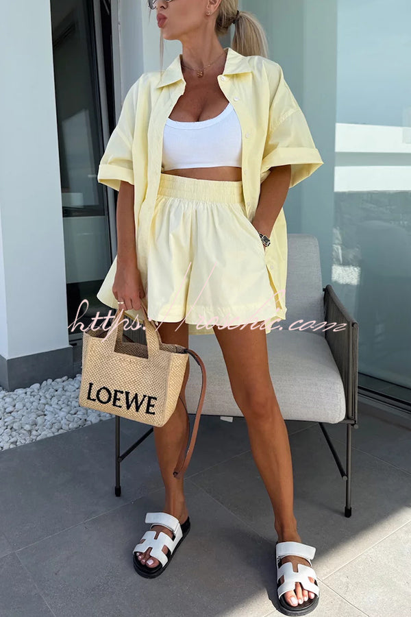 Summer Loose Short-sleeved Shirt and Elastic High Waist Shorts Set
