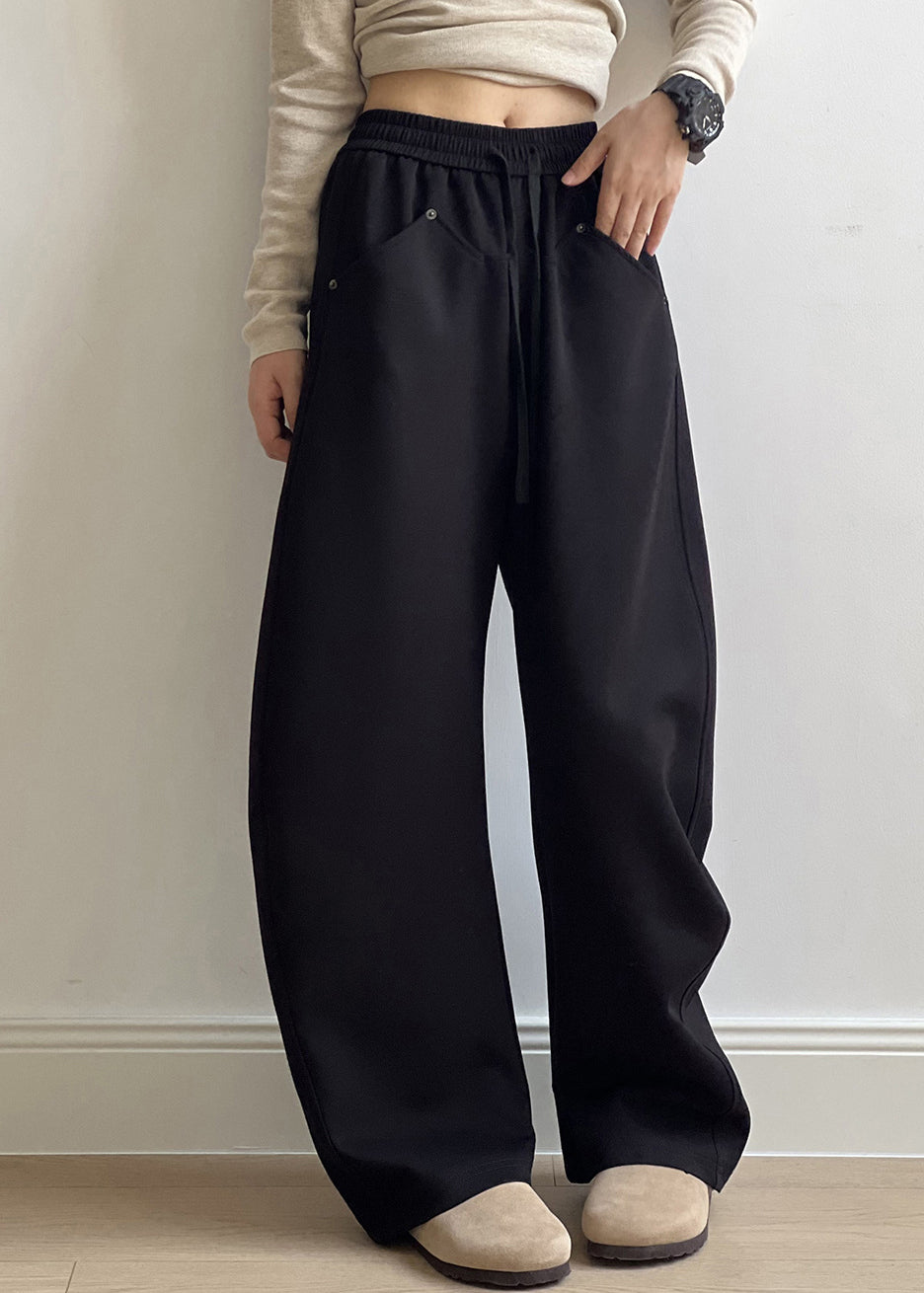 Black Pockets Cotton Pants Drawstring Elastic Waist Fall Af1071