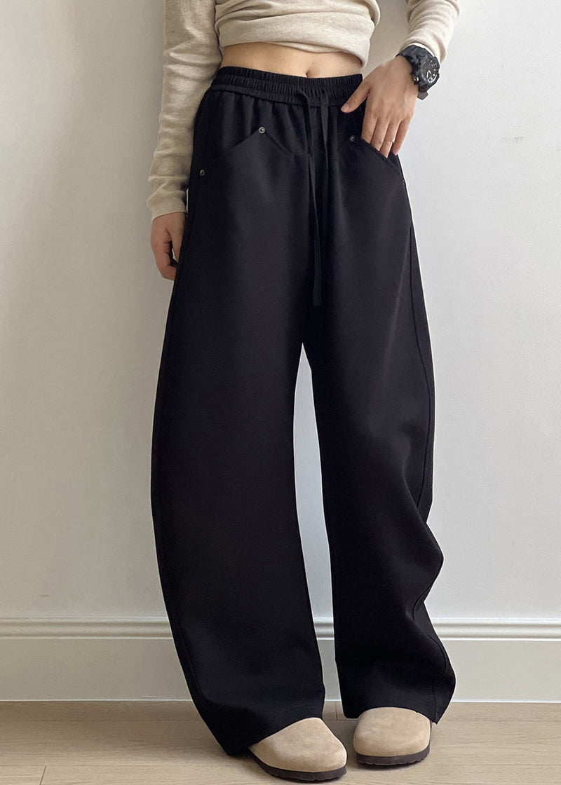 Black Pockets Cotton Pants Drawstring Elastic Waist Fall Af1071