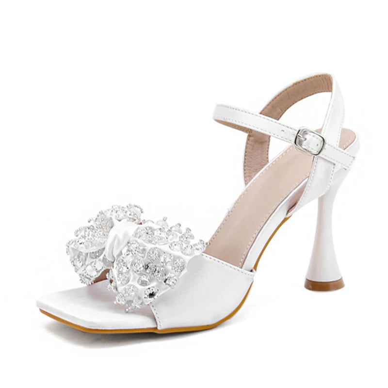 Liyke White Sandals: 9cm Gladiator High Heels With Crystal Bowknot for – Square Toe Party Dress Shoes