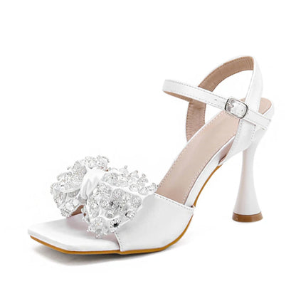Liyke White Sandals: 9cm Gladiator High Heels With Crystal Bowknot for – Square Toe Party Dress Shoes