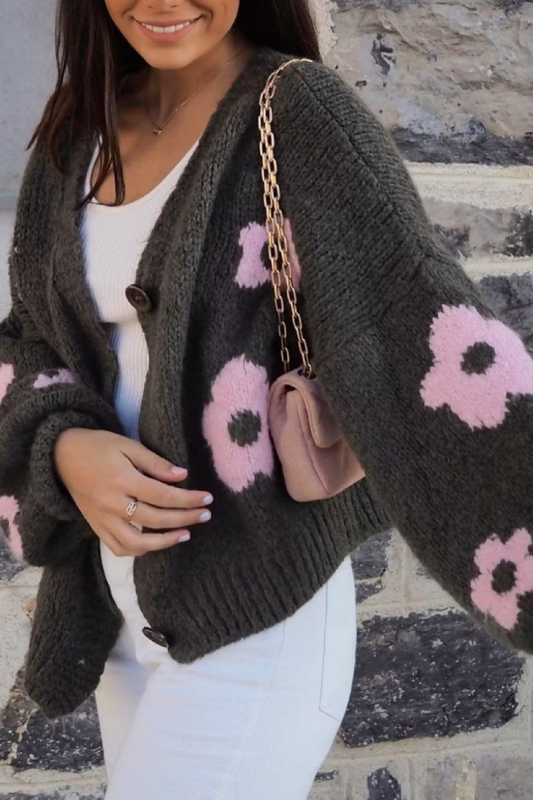 V-neck 3d Intarsia Lazy Style Knitted Sweater Coat
