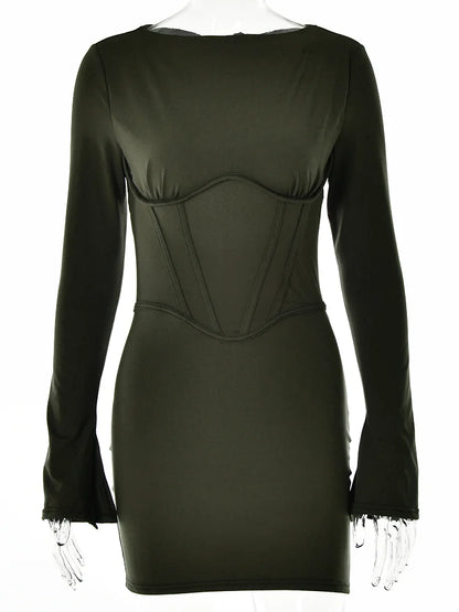 Illusion Bodycone Mini Dress O-neck Split Flare Sleeve Wrap Skirt Slim Bodycon Spring Summer New Partywear