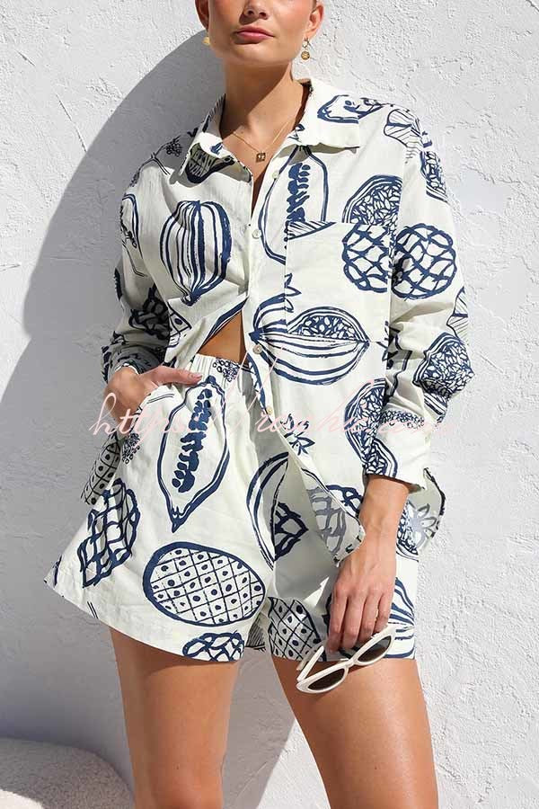 Parkside Tropical Fruit Print Loose Shirt and Elastic Waist Pocketed Shorts Set