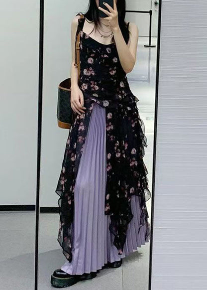 Black Ruffled Print Chiffon Two-piece Set Sleeveless Qp030