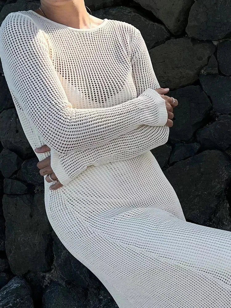 White Crochet Hollow Out Midi Dress for Long Sleeve Dress Beach Holiday See-through Summer Dress Cover-up