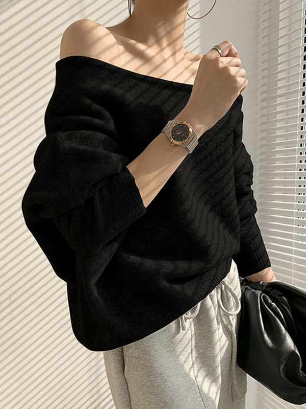White Off-the-shoulder Long Sleeves Asymmetric Hem Sweater Qx007