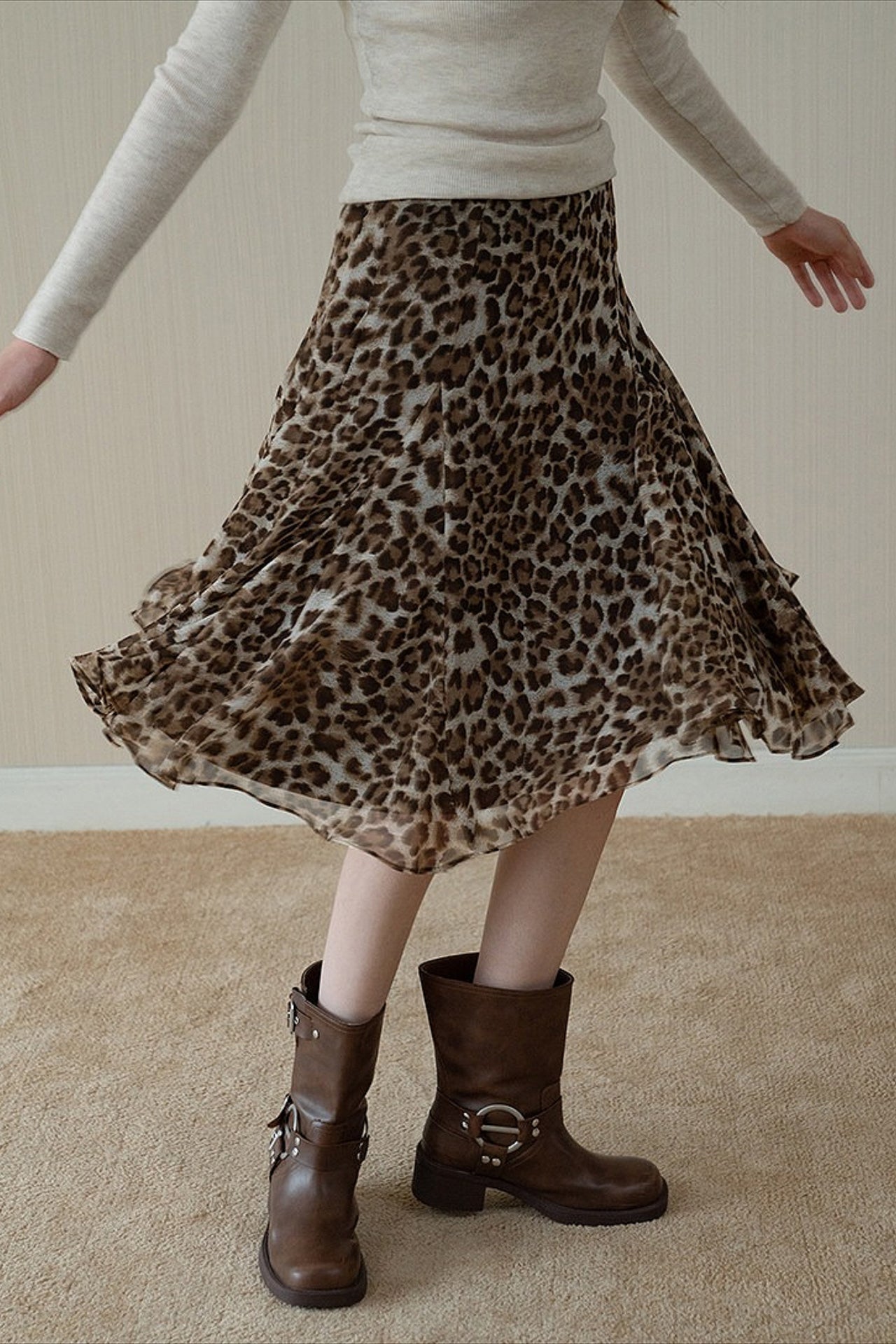 Leopard Draped Ruffled a Line Midi Skirt