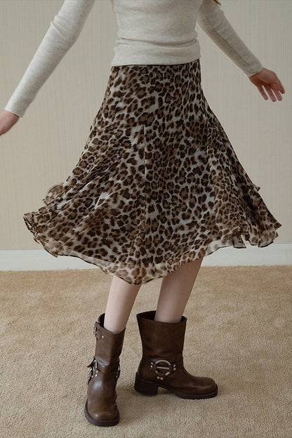 Leopard Draped Ruffled a Line Midi Skirt