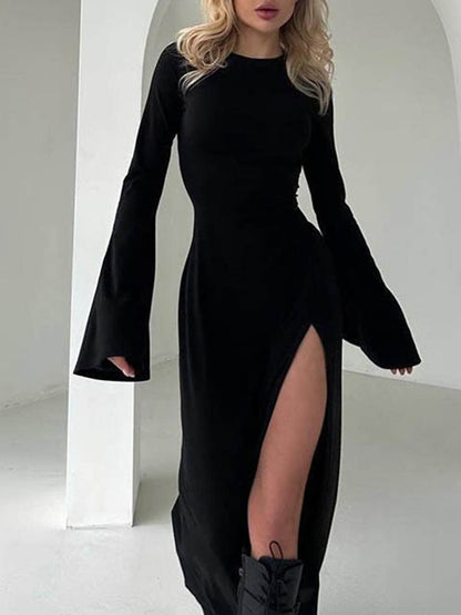 Long Sleeves Loose Asymmetric Color Split-joint Split-side Round-neck Maxi Dresses