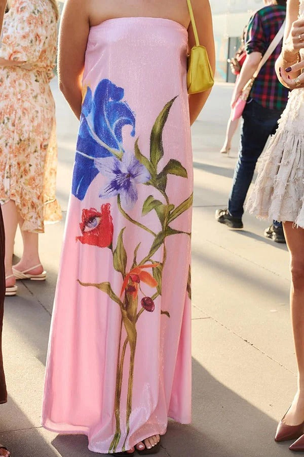 Special Night Sequin Print Off Shoulder A-line Maxi Dress