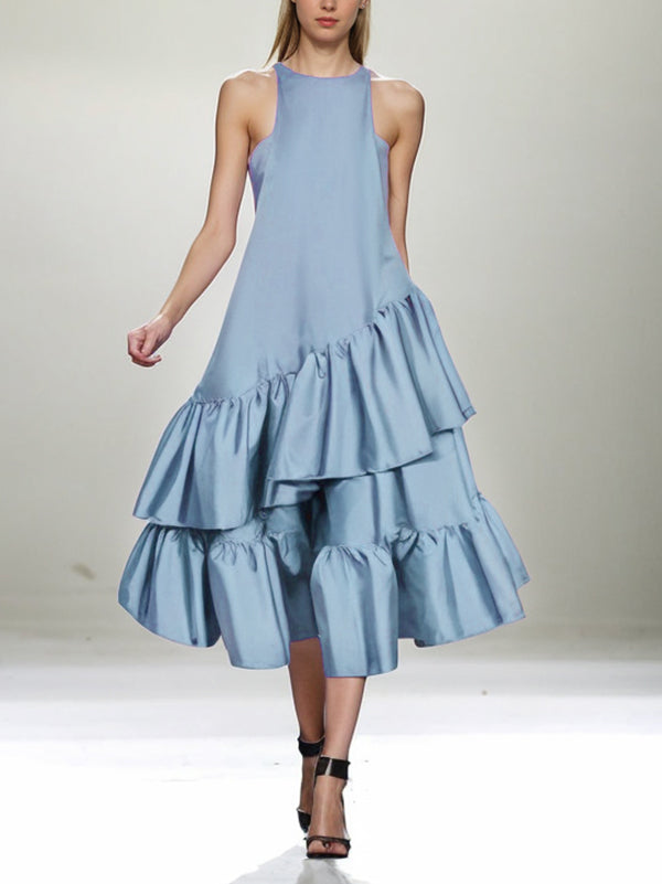 A-line Loose Double Layered Pleated Color Split-joint Zipper Cold Shoulder Midi Dresses
