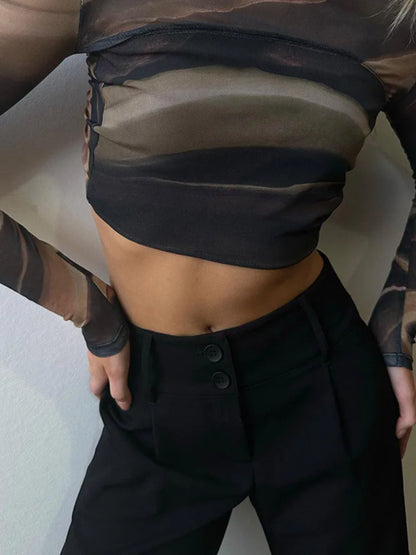 Summer New Clothing Print Mesh Tops Backless Long Sleeve Tees Slim Short Umbilical Cord T-shirts