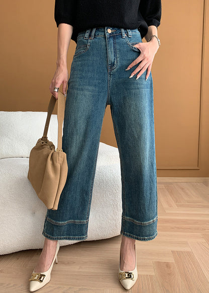 Modern Blue Pockets High Waist Denim Crop Pants Fall Af1018