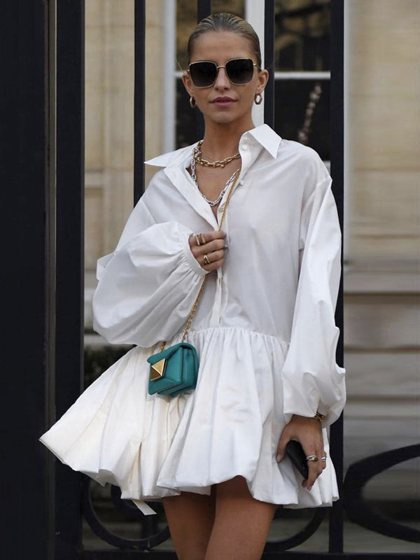 Urban Puff Sleeves Buttoned Split-joint Color Lapel Mini Dresses Shirt Dress
