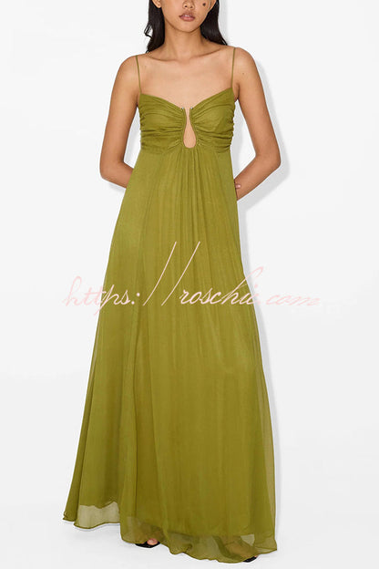 Soft and Metal Hollow Design Back Smocked A-line Slip Maxi Dress