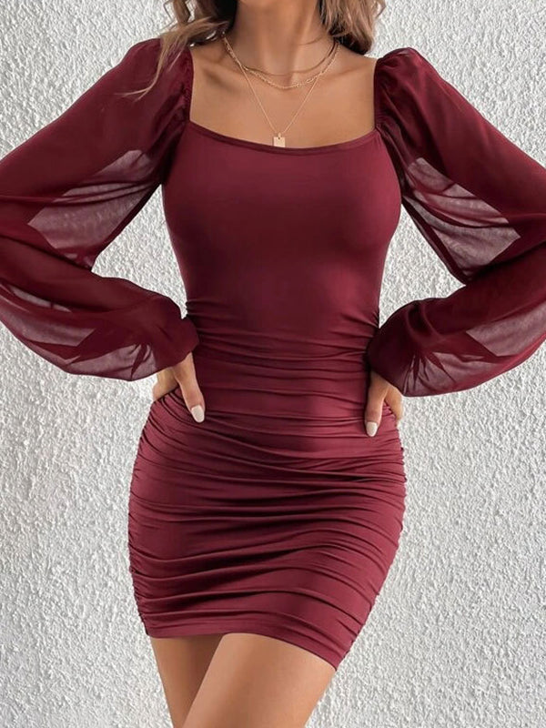 Loose Puff Sleeves Gauze Pleated See-through Color Split-joint Square-neck Evening Dresses Mini Dresses