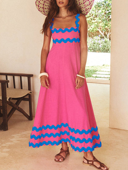 A-line High Waisted Contrast Color Zipper Square-neck Midi Dresses