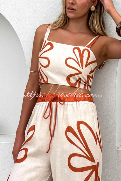 Print Suspender Back Pleated Top and Elastic Waist Drawstring Pants Set