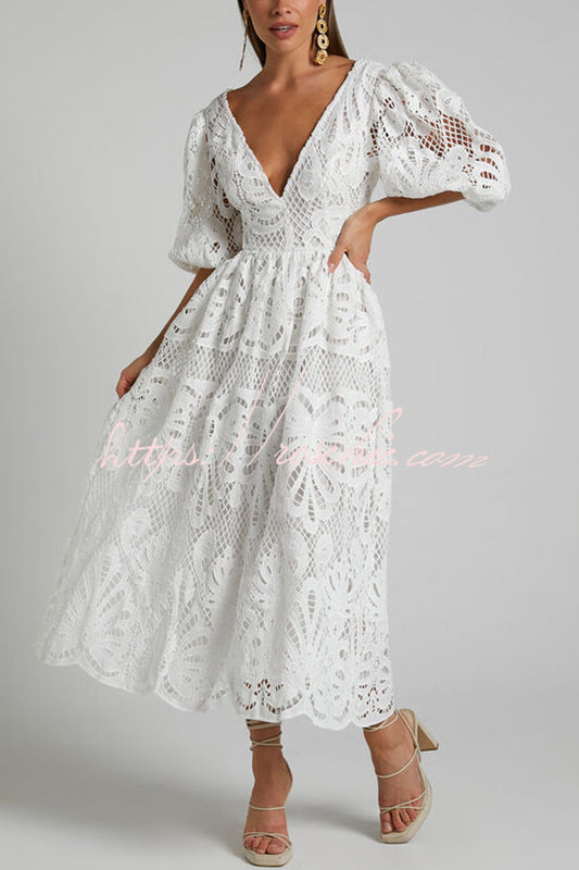 Color V Neck Hollow Lace Waistless Maxi Dress