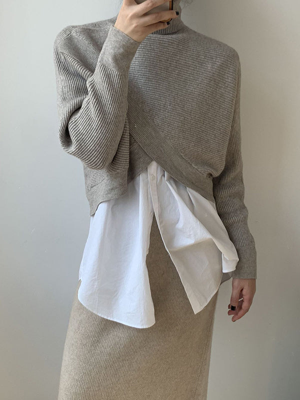 Urban White High-neck Split-front Long Sleeve Crop Sweater An1034