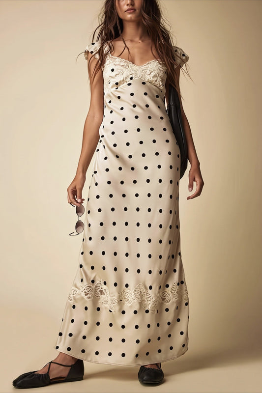 Lace Splice Satin Polka Dot Maxi Dress