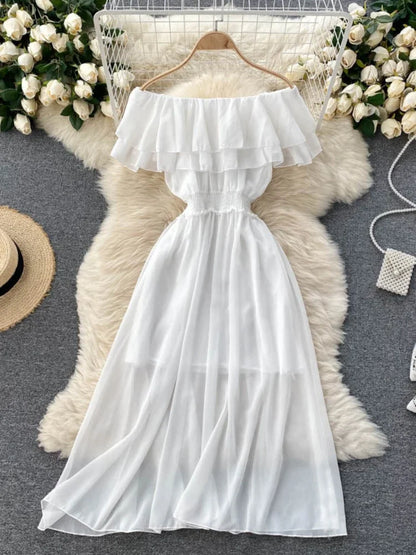 Chiffon Beach Dress Double Layer Ruffled Off the Shoulder Dresses Sweet Slash Neck Long Dress