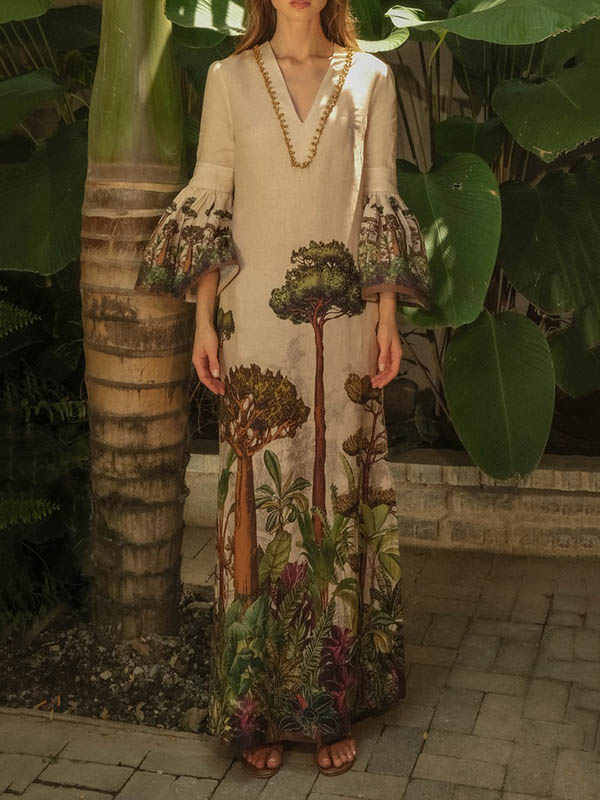Flared Sleeves Loose Leaves Print V-neck Maxi Dresses