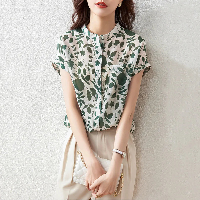 Summer Style Blouses Tops Lady Short Sleeve Stand Collar Flower Printed Blusas Tops Sp1498