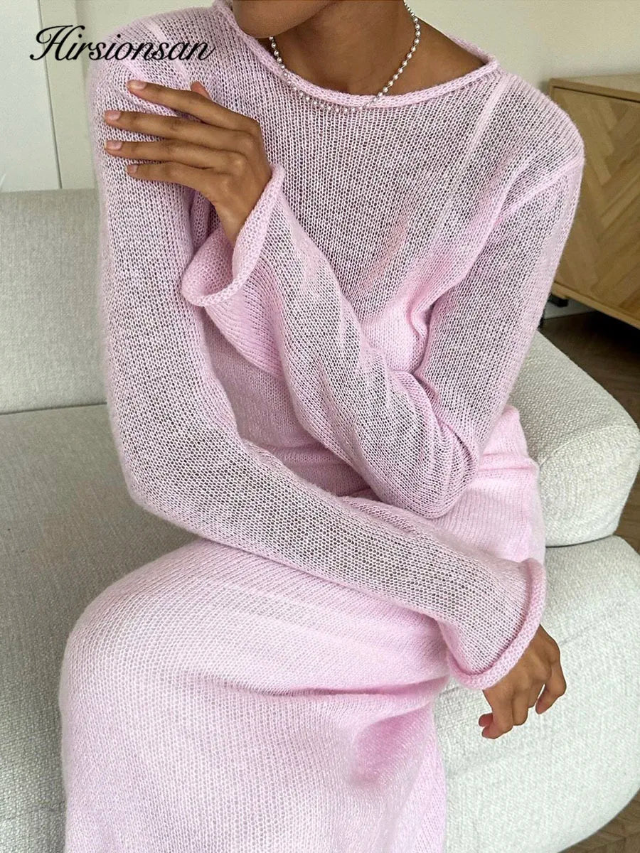 Spring Autumn O-neck Elastic Knit Long Dresses Soft Lady Hollowing Sweater Dresses Femme New