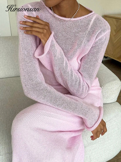Spring Autumn O-neck Elastic Knit Long Dresses Soft Lady Hollowing Sweater Dresses Femme New