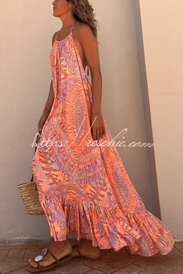 Sunita Print A-line Halter Tassel Vacation Maxi Dress