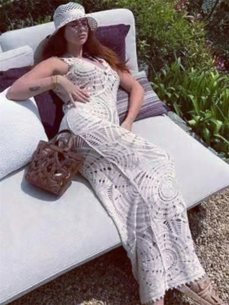 V-neck Hollow Out Maxi Dress Knit – Sleeveless High Waist Party Dress