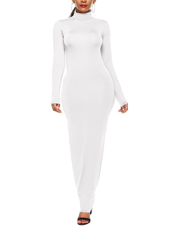Bodycon Long Sleeves Color High Neck Maxi Dresses