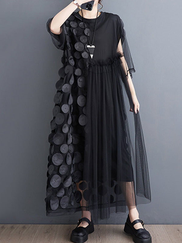 Loose Short Sleeves Asymmetric Gauze Split-joint Round-neck Midi Dresses
