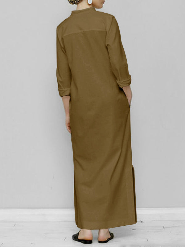 Long Sleeves Loose Color Split-joint V-neck Maxi Dresses