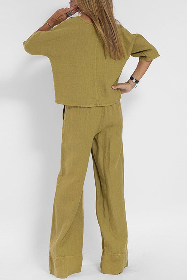 Linen Blend Color Round Neck Top and Loose Wide-leg Pants Set