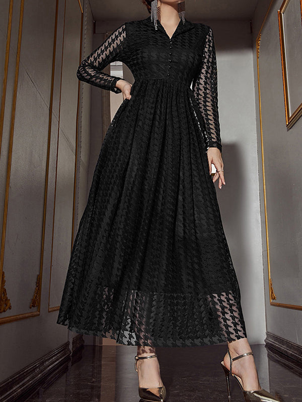 High Waisted Long Sleeves Buttoned Gauze See-through Color V-neck Maxi Dresses