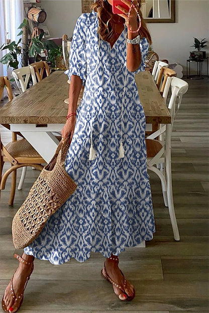 Geometric Print V Neck Maxi Dress
