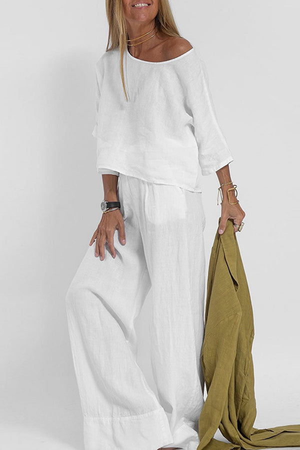 Linen Blend Color Round Neck Top and Loose Wide-leg Pants Set