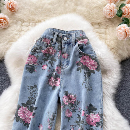 Blue Rose Print Wide Leg Denim Pants Ar1016