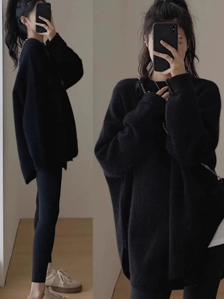 Oversized Knitted Sweater Autumn Winter O-neck Korean Mid Length Loose Pullover Knitwear Top