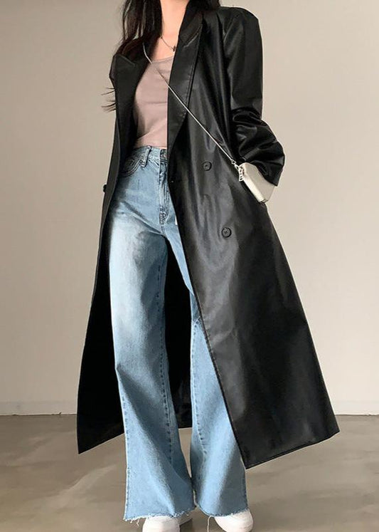 Retro Black Pu Leather Trench Coat - Double-breasted