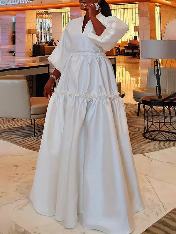 High Waisted Puff Sleeves Falbala Color V-neck Maxi Dresses