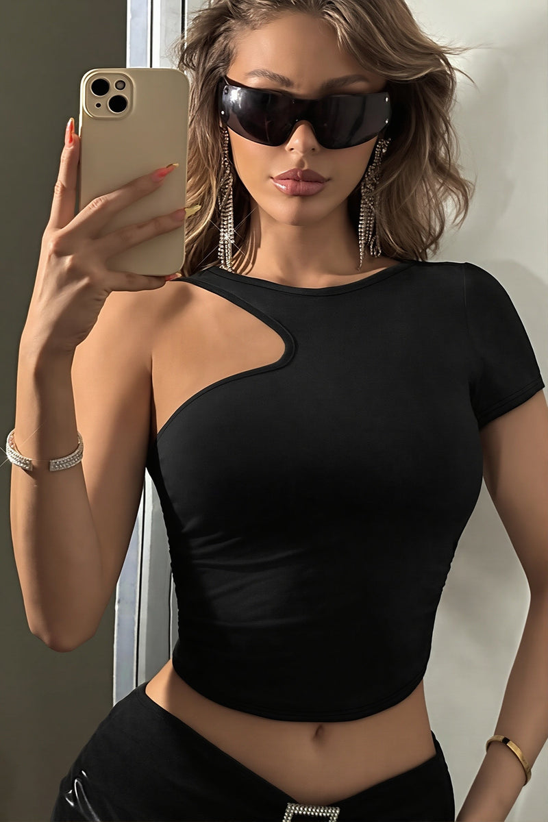 Cut Out Shoulder Cropped Top Slim Fit Blouse