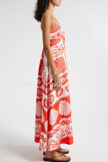 Shell Unique Print Front Lace-up Loose Maxi Dress