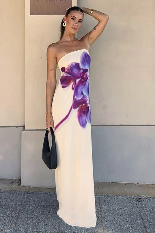 Color-block Print Strapless Midi Dress