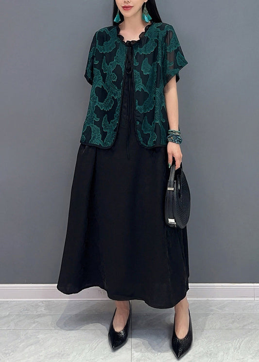 Handmade Green O-neck Print Fake Two Pieces Long Dress Summer Ao1048